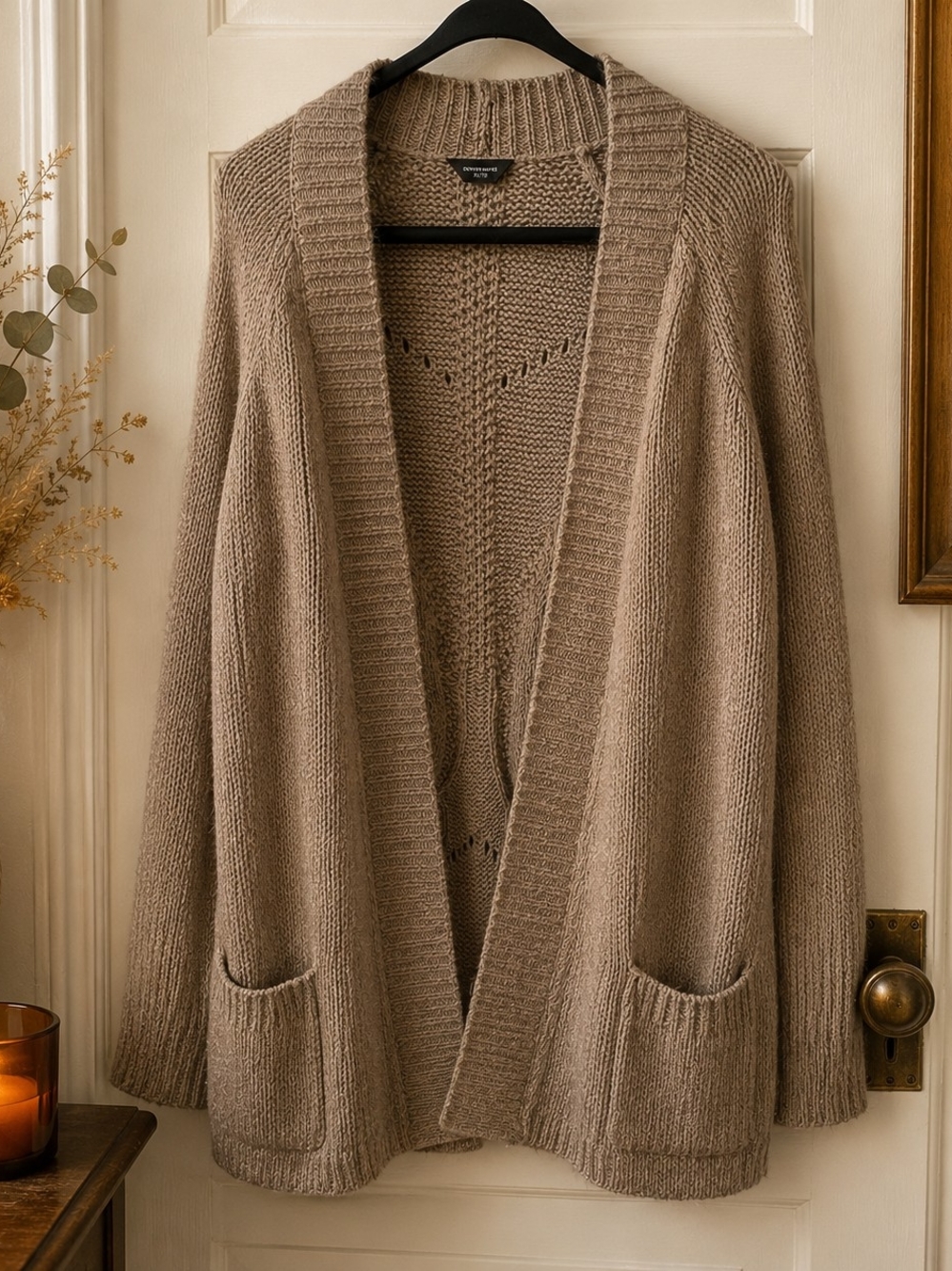Denver Hayes XL Taupe Cotton Blend Chunky Knit Cardigan Pockets